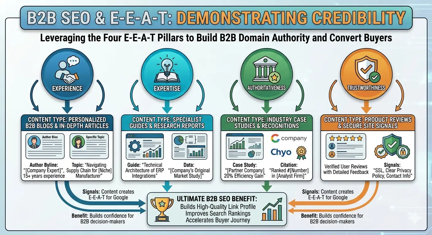 B2B SEO E-E-A-T framework — four pillars of Experience, Expertise, Authoritativeness, and Trustworthiness mapped to B2B content types including blogs, research reports, case studies, and product reviews