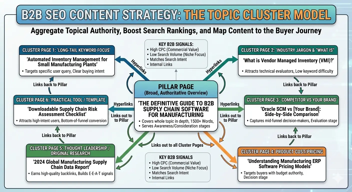 B2B SEO topic cluster model diagram — a central pillar page linking to six cluster pages covering long-tail keywords, industry jargon, competitor comparisons, pricing, thought leadership, and practical tools