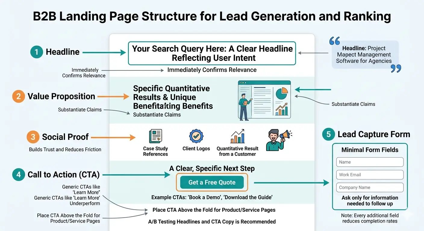 B2B landing page structure for lead generation and ranking — showing five key elements: headline reflecting search query, value proposition with quantitative results, social proof with case studies and client logos, clear CTA, and minimal lead capture form