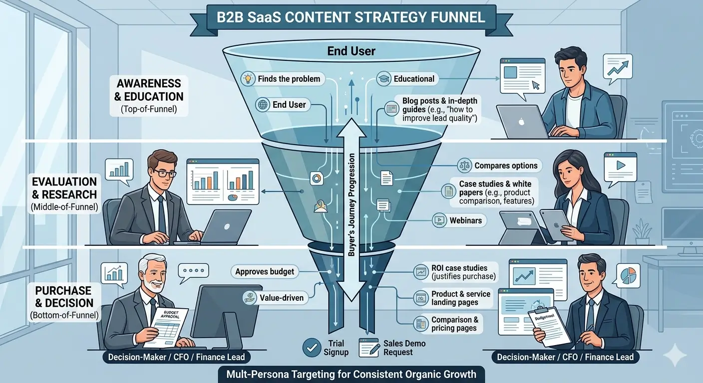 B2B SaaS content strategy funnel showing awareness, evaluation, and purchase phases with matching content types for multi-persona targeting