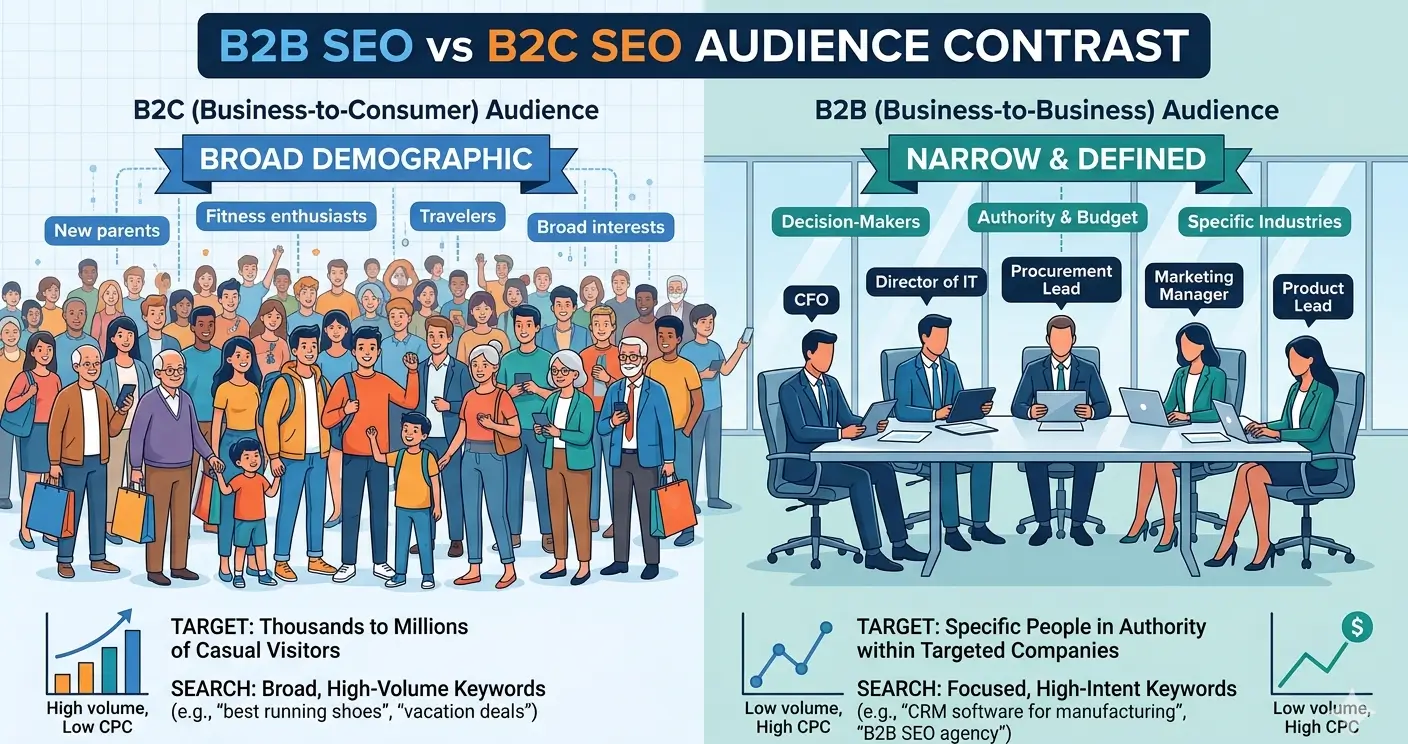 B2B SEO vs B2C SEO audience comparison — B2C targets broad demographics with high-volume keywords while B2B targets specific decision-makers like CFOs and procurement leads with high-intent keywords
