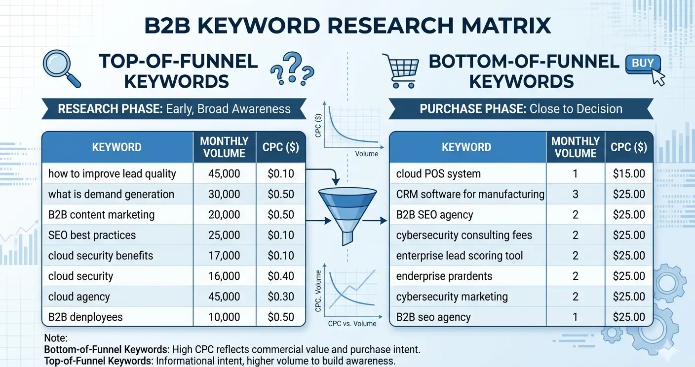 B2B keyword research matrix comparing top-of-funnel keywords with high volume and low CPC against bottom-of-funnel keywords with low volume and high CPC