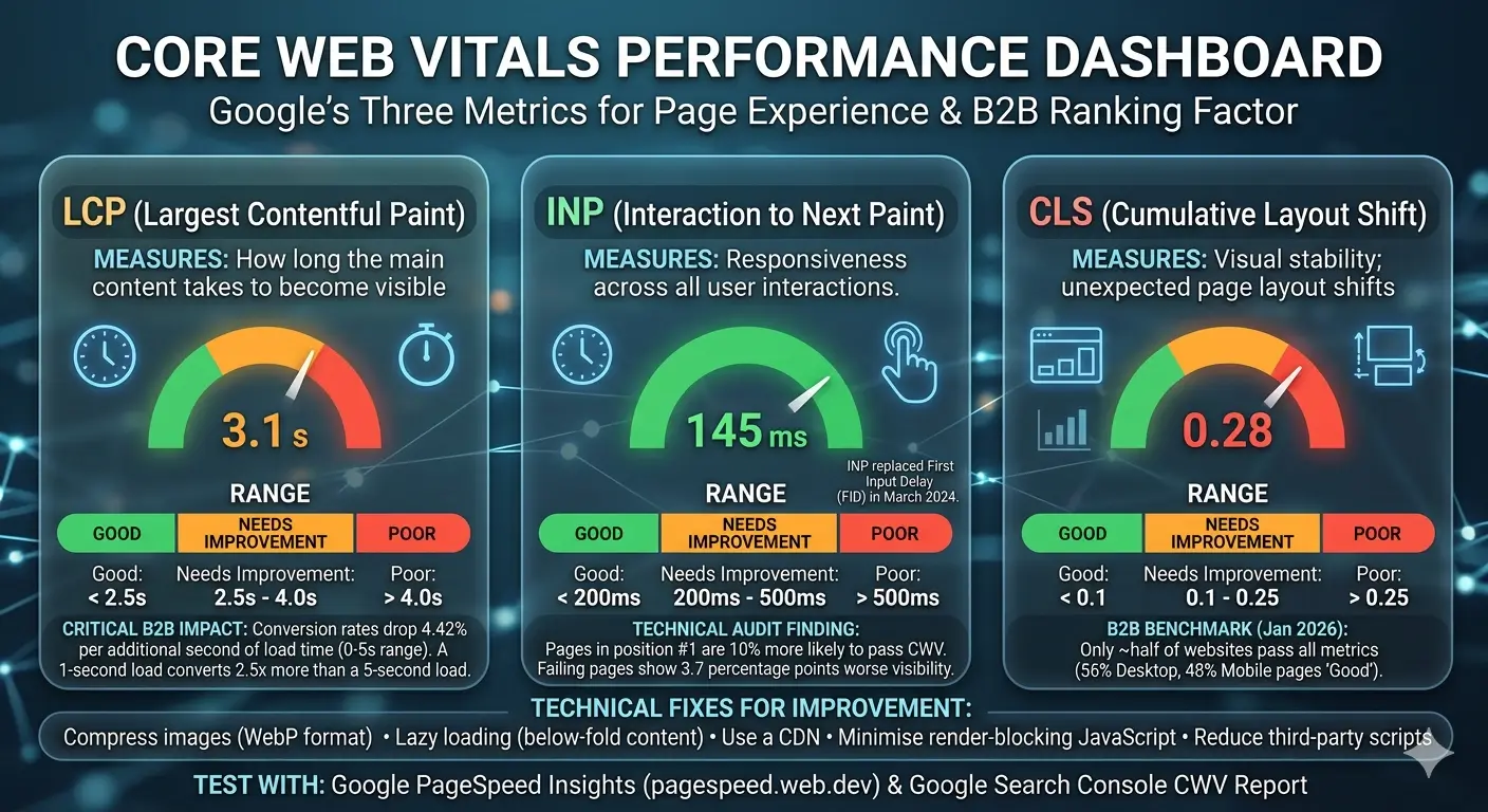 Core Web Vitals performance dashboard showing LCP, INP, and CLS metrics with good, needs improvement, and poor thresholds for B2B websites