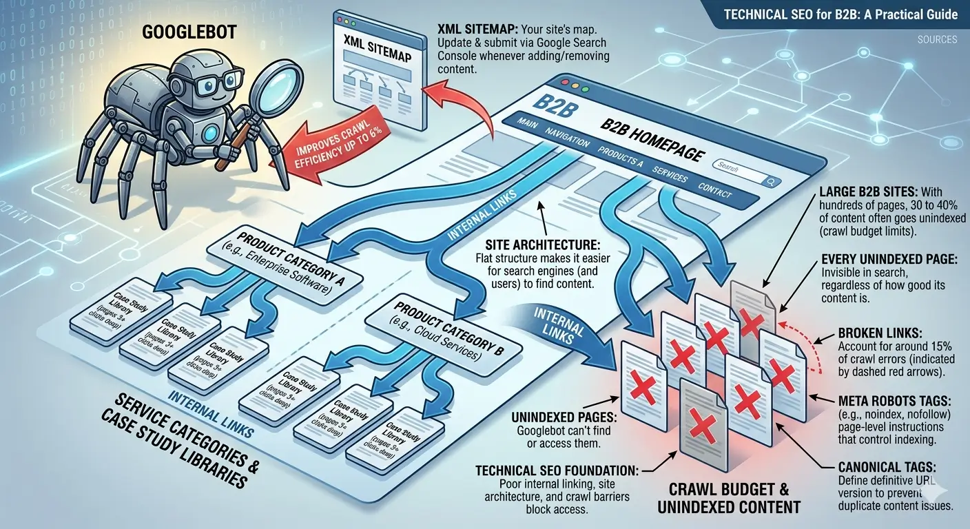 How Googlebot crawls a B2B website — diagram showing XML sitemap submission, internal link structure, site architecture, crawl budget limits, and common crawl barriers like broken links and unindexed pages