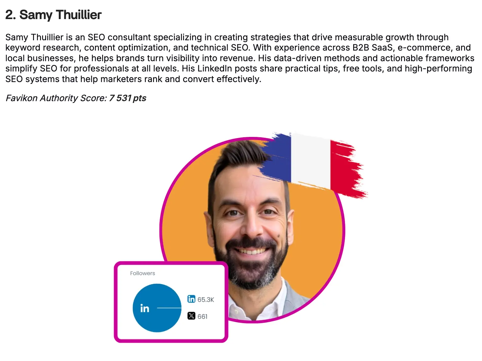 Samy Thuillier ranked Top 3 SEO Experts in France by Favikon